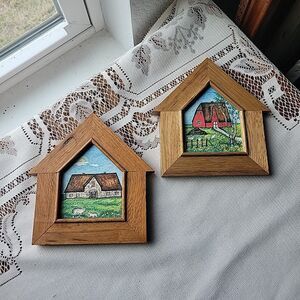 Vtg Framed Art Set of 2 Farmhouse shaped frames European Folk Cottage prints Hdm